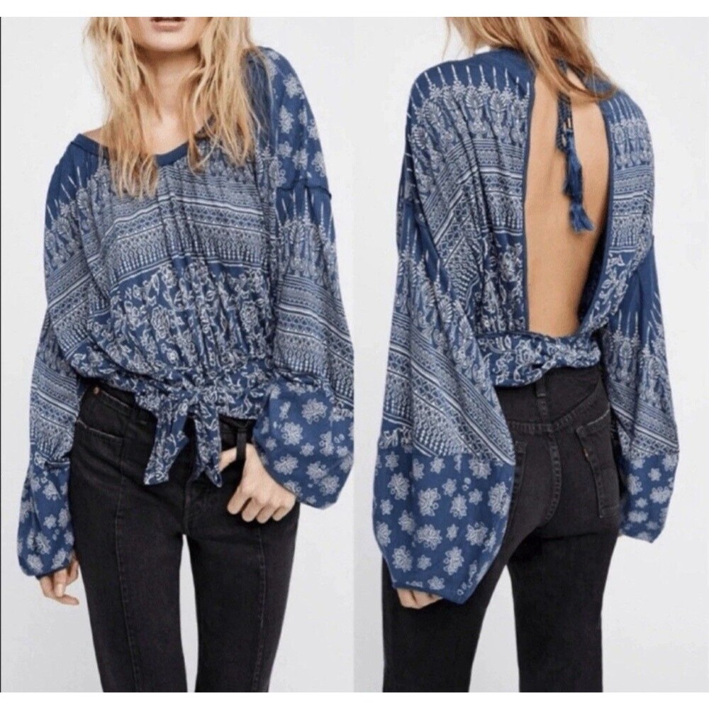 Free People Blouse Weekend Warrior Denim Blue Print Open Back Long Sleeve Small